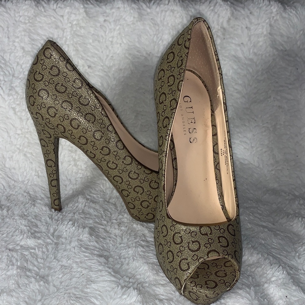 Guess Women's Tan Patterned Peep Toe Heels